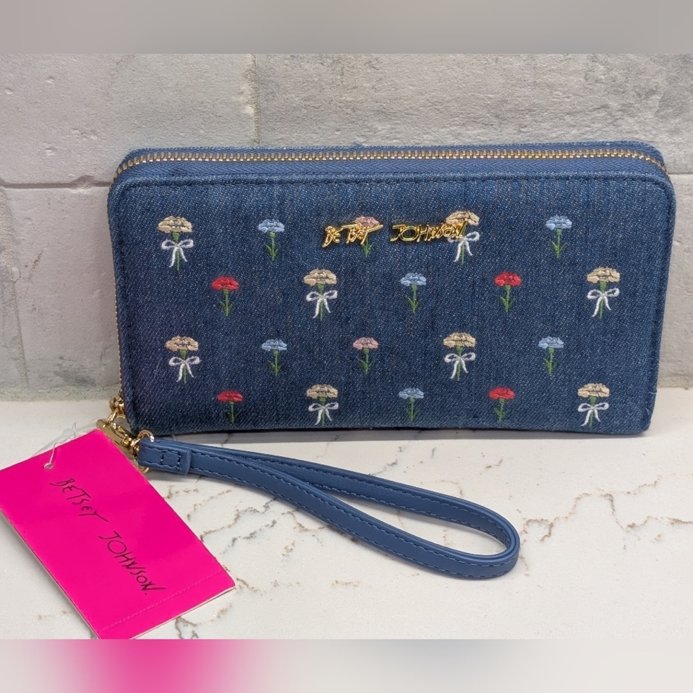 Betsey Johnson Denim Floral Wristlet - NWT - Denim 8x4.5 Inches